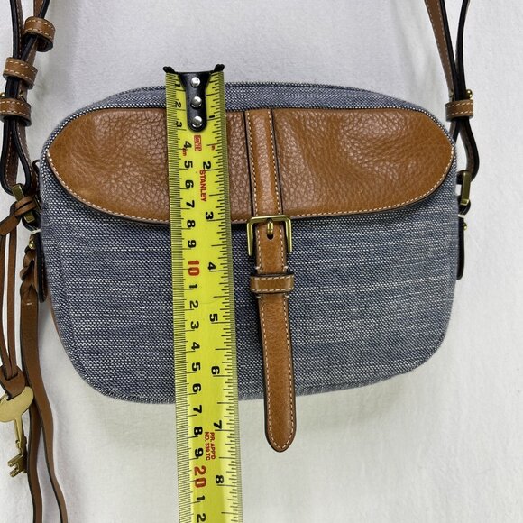 Fossil Purse Crossbody Leather & Denim Soft Navy/Tan with Braded Fringe Small - Picture 4 of 8